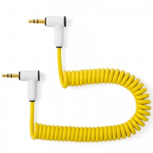 myVolts Candycords audio cable 3.5mm angled jack to 3.5mm angled jack, curly 20cm to 30cm, Pineapple Yellow